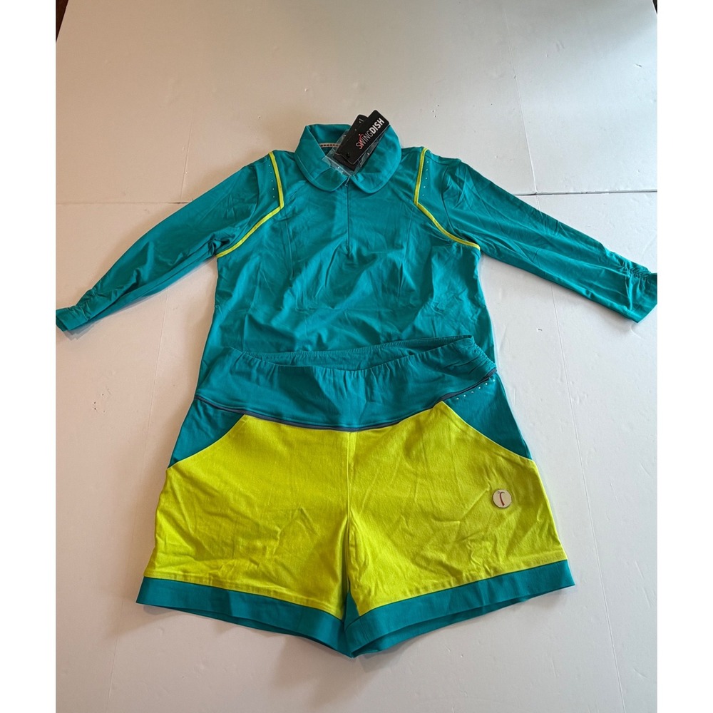 Swingdish Womens Teal Neon Yellow Golf Set Top and Shorts Size Large NWT